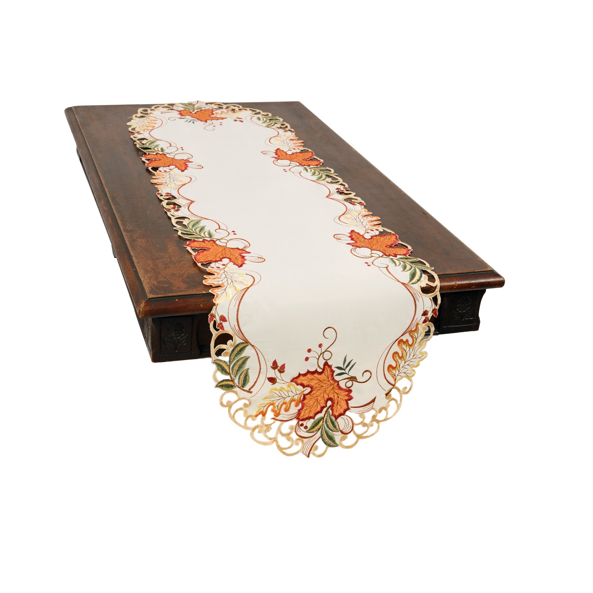 XD18808 Falling Leaves Table Runner featuring hand-rendered cutwork and vibrant fall leaf embroidery in rich autumn colors.