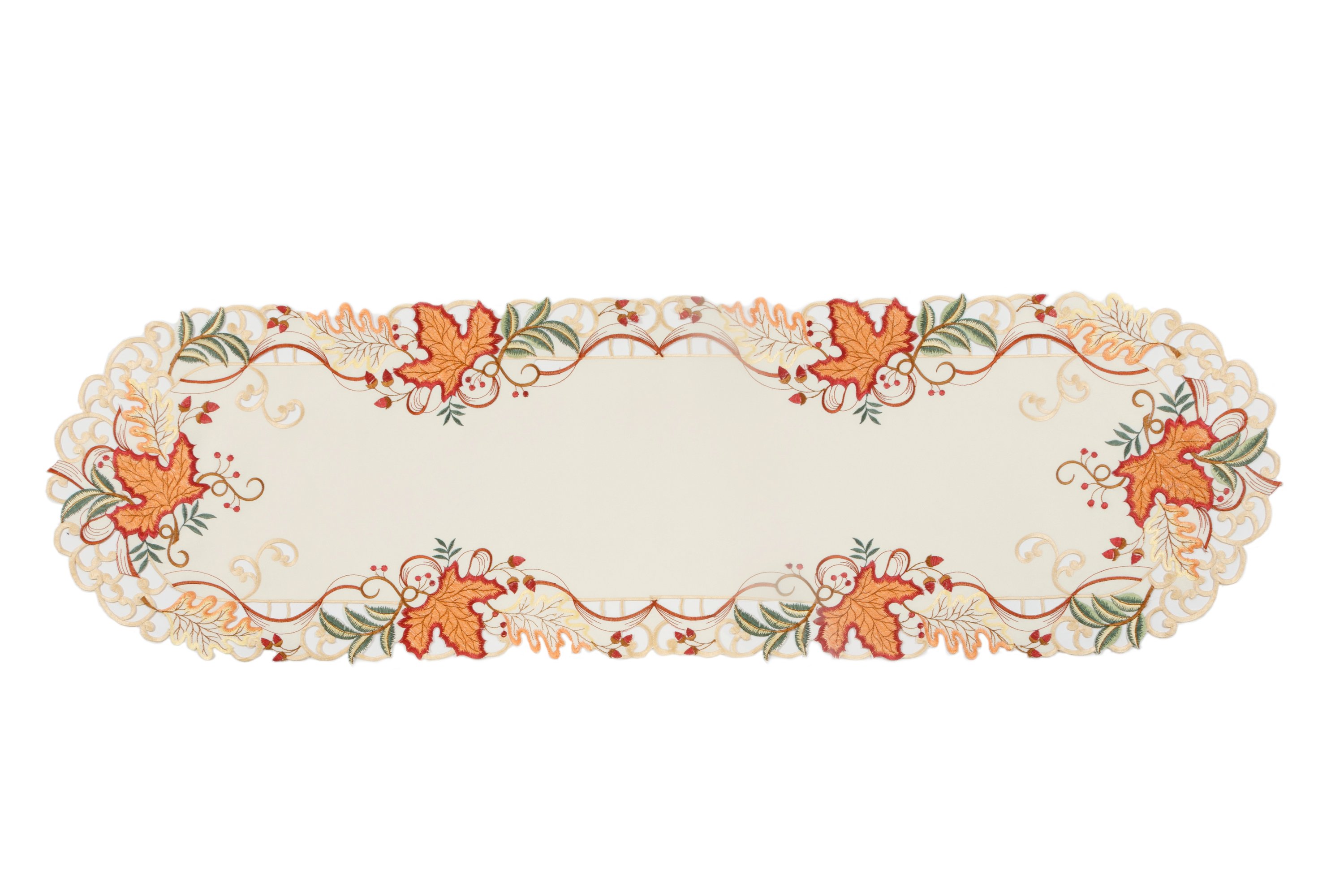 XD18808 Falling Leaves Table Runner featuring hand-rendered cutwork and vibrant fall leaf embroidery in rich autumn colors.