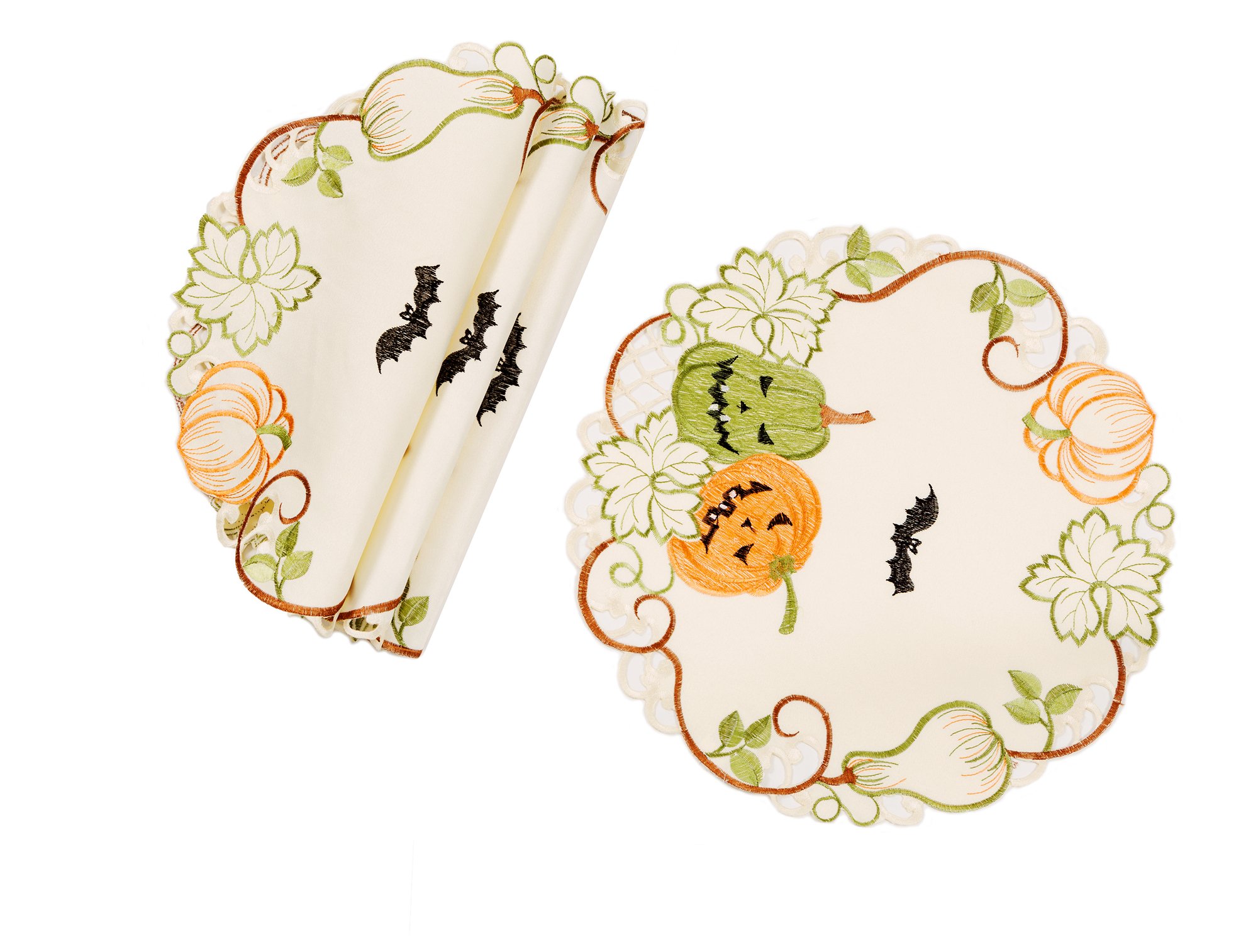 Set of 4 Halloween Jack-O-Lanterns doilies featuring embroidered designs on ivory fabric, perfect for festive table settings.