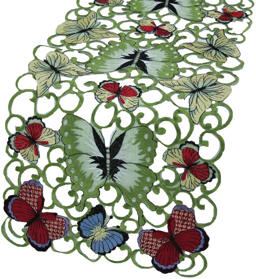 XD11181 Butterflies Table Runner featuring playful butterfly embroidery on sheer cutwork, perfect for spring and summer table settings.