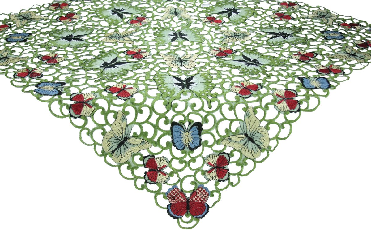 A 36x36 table topper featuring playful butterfly embroidery on sheer cutwork, perfect for spring and summer decor.