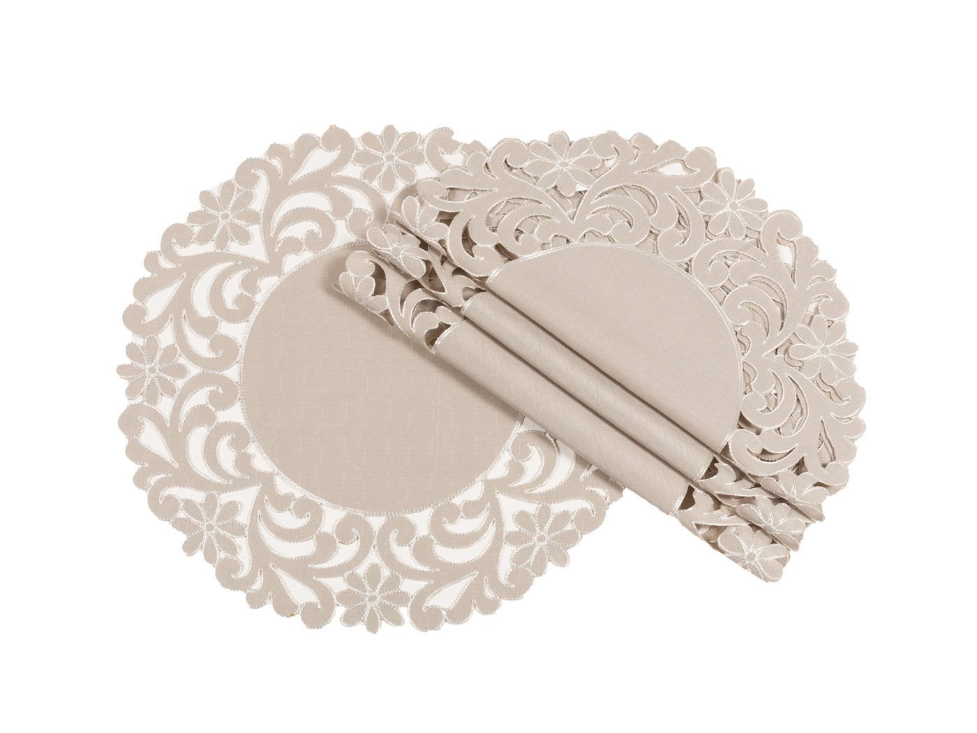 Set of 4 XD18124 Florence Floral Placemats featuring floral cutwork edges on a textured taupe background, perfect for elegant dining.