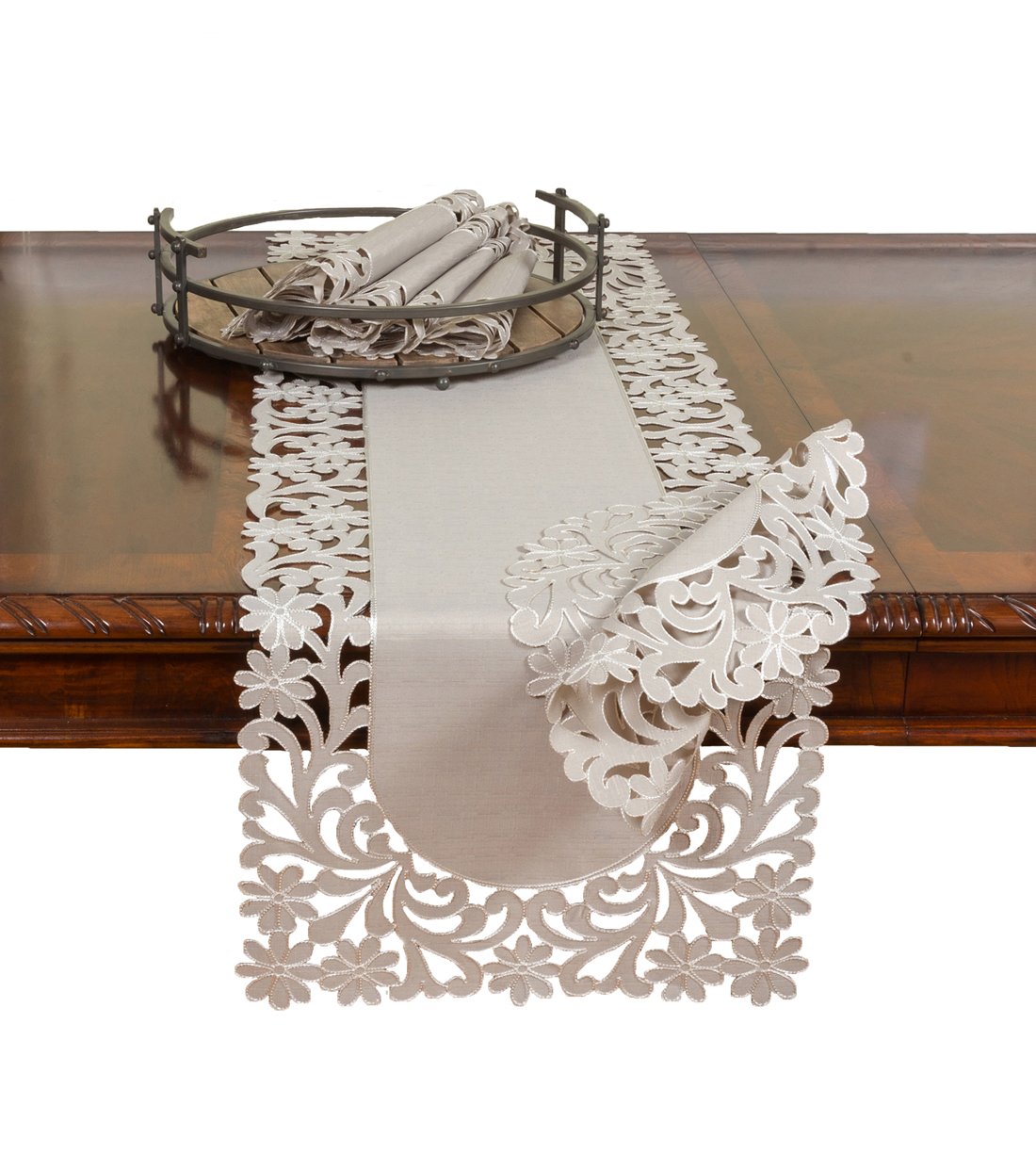 Set of 4 XD18124 Florence Floral Placemats featuring floral cutwork edges on a textured taupe background, perfect for elegant dining.