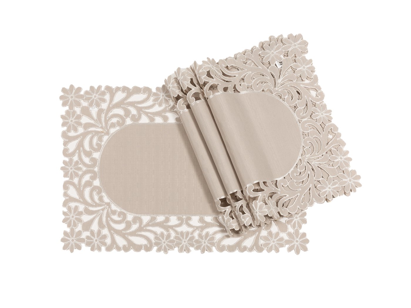 Set of 4 XD18124 Florence Floral Placemats with floral cutwork edges on a taupe background, showcasing elegant embroidery designs.