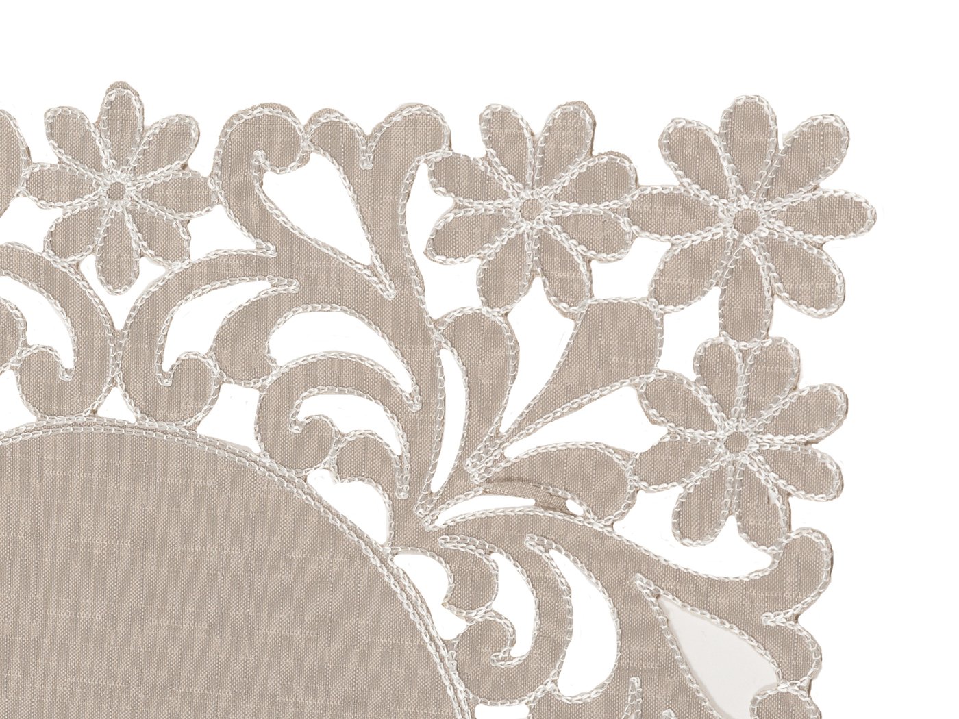 Set of 4 XD18124 Florence Floral Placemats with floral cutwork edges on a taupe background, showcasing elegant embroidery designs.