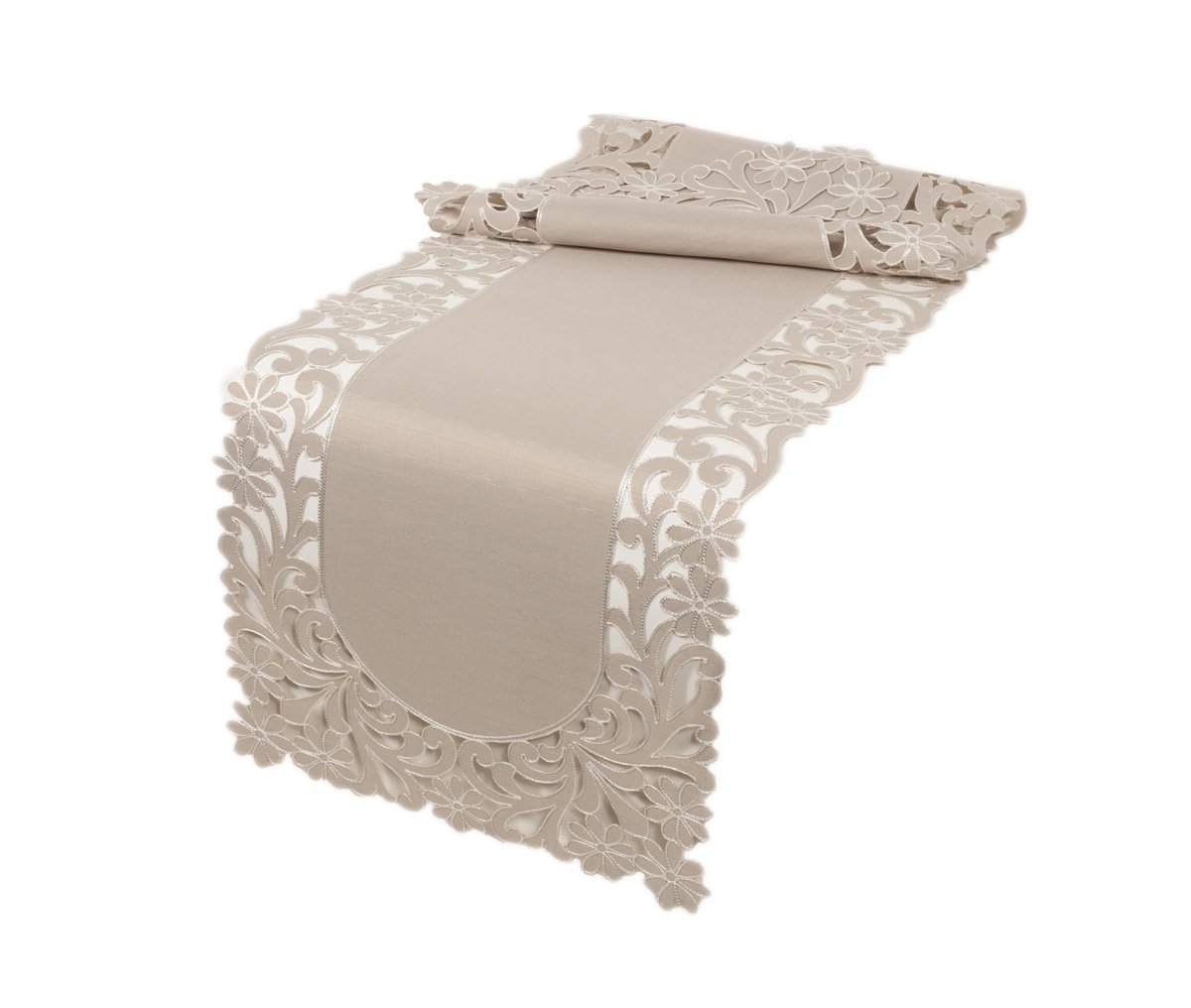 XD18124 Florence Floral Table Runner with floral cutwork edges on a taupe background, showcasing intricate embroidery designs.