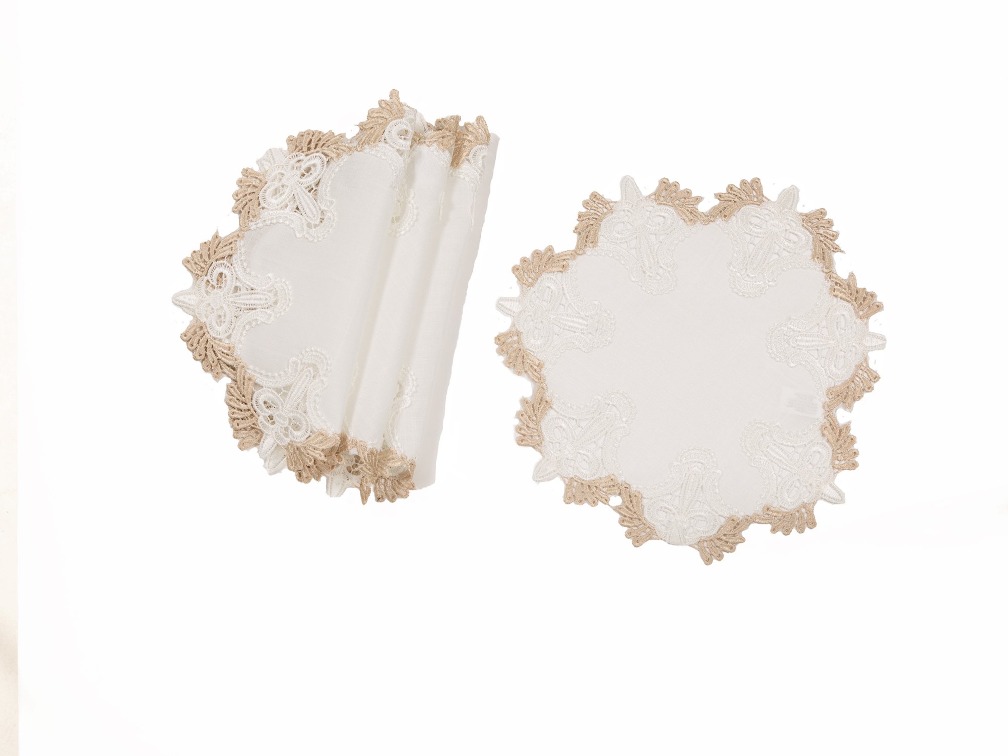 Set of 4 XD18214 Anais Elegant Lace Doilies featuring intricate lace trim and gold accents, perfect for home decor.