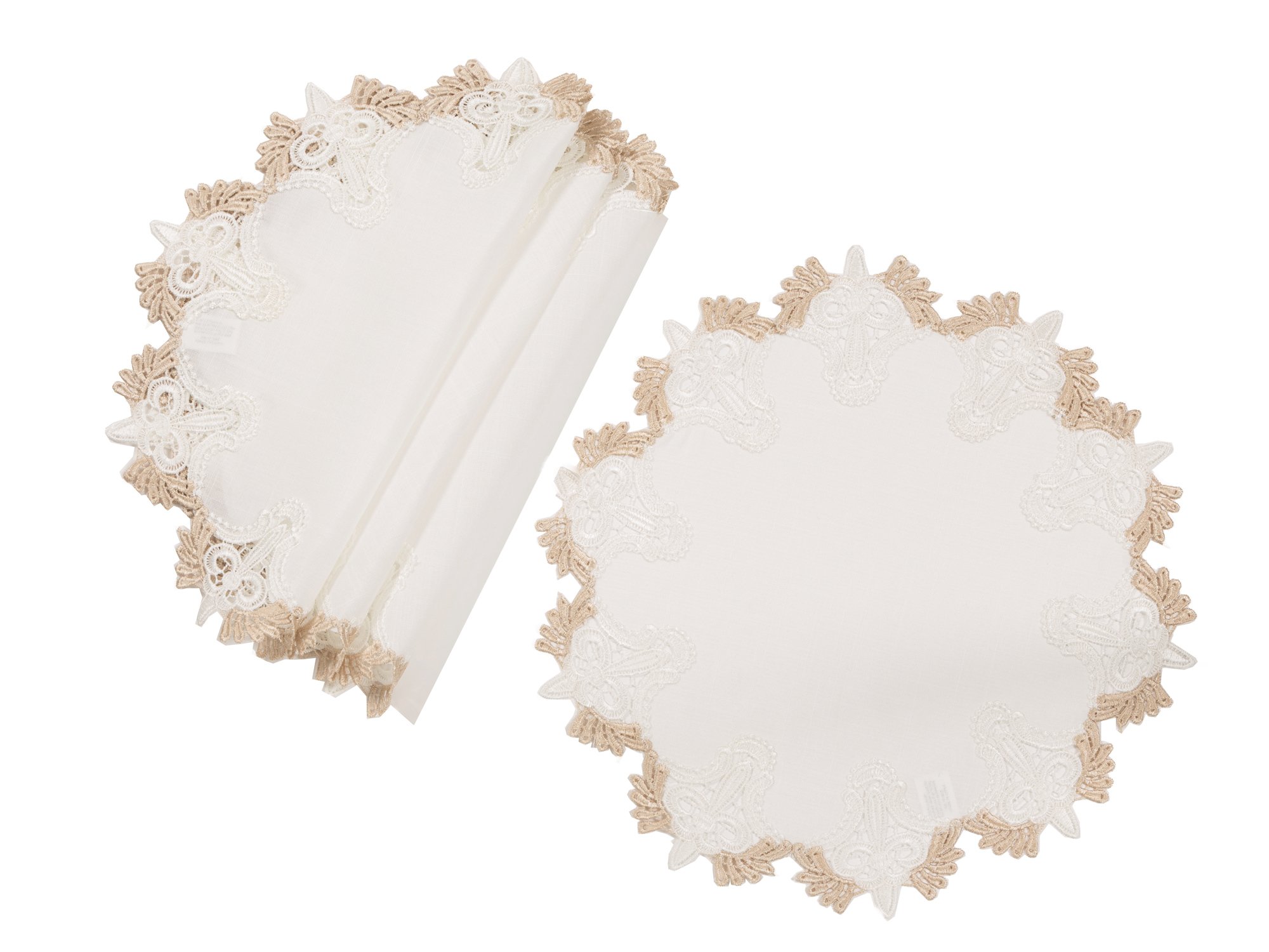 Set of 4 XD18214 Anais Elegant Lace Placemats featuring intricate lace trim and gold accents, perfect for stylish dining decor.