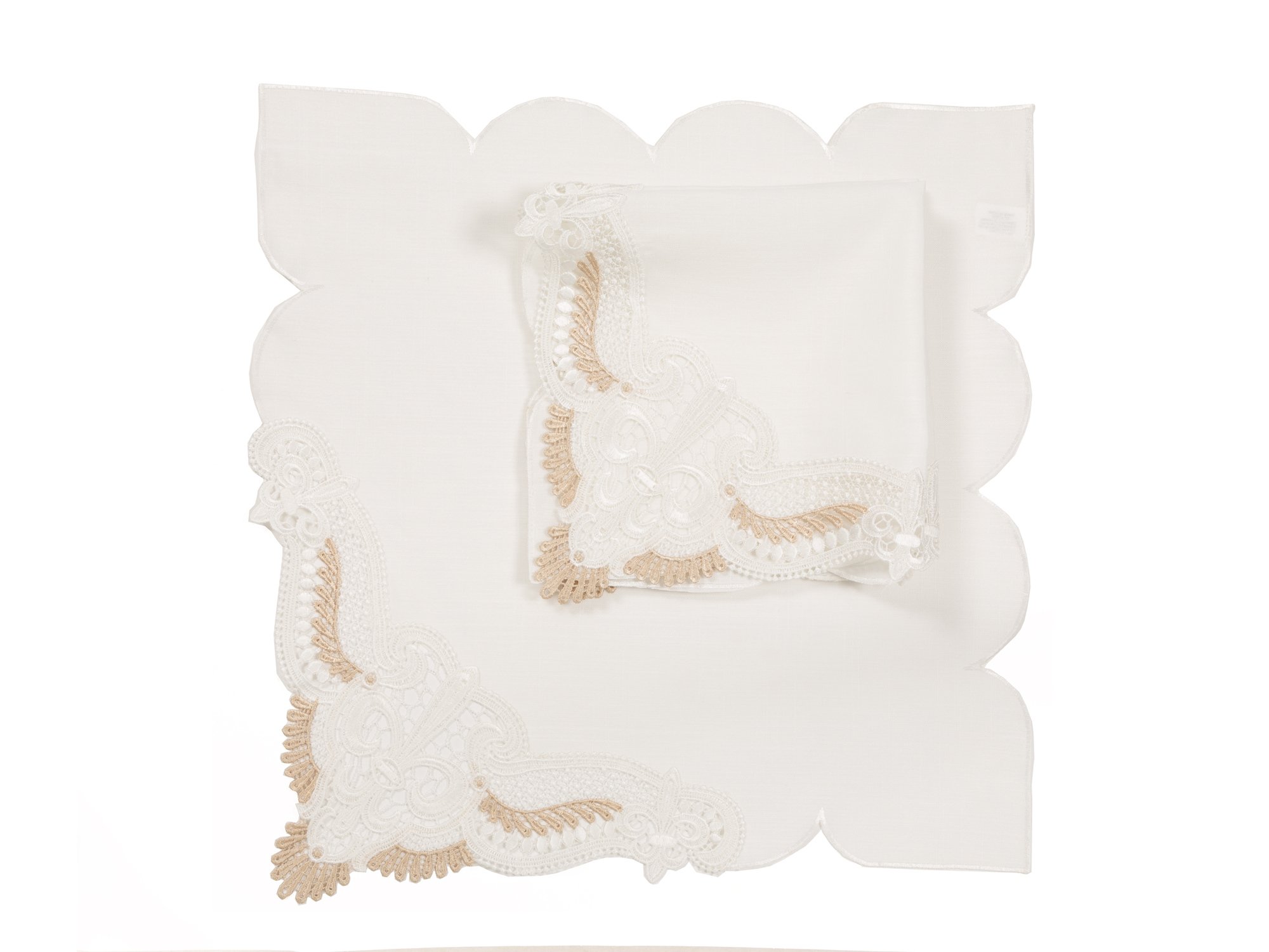 Set of 4 XD18214 Anais Elegant Lace Napkins featuring intricate lace trim and gold accents, perfect for enhancing table decor.