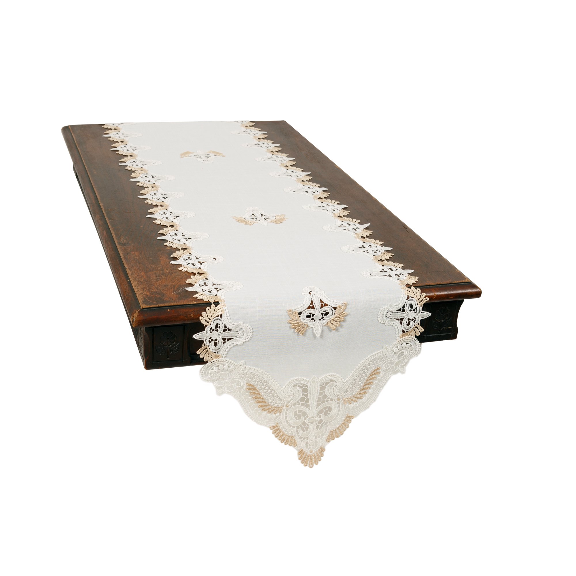 XD18214 Anais Elegant Lace Embroidered Cutwork Table Runner featuring intricate lace design and gold accents, perfect for elegant dining settings.