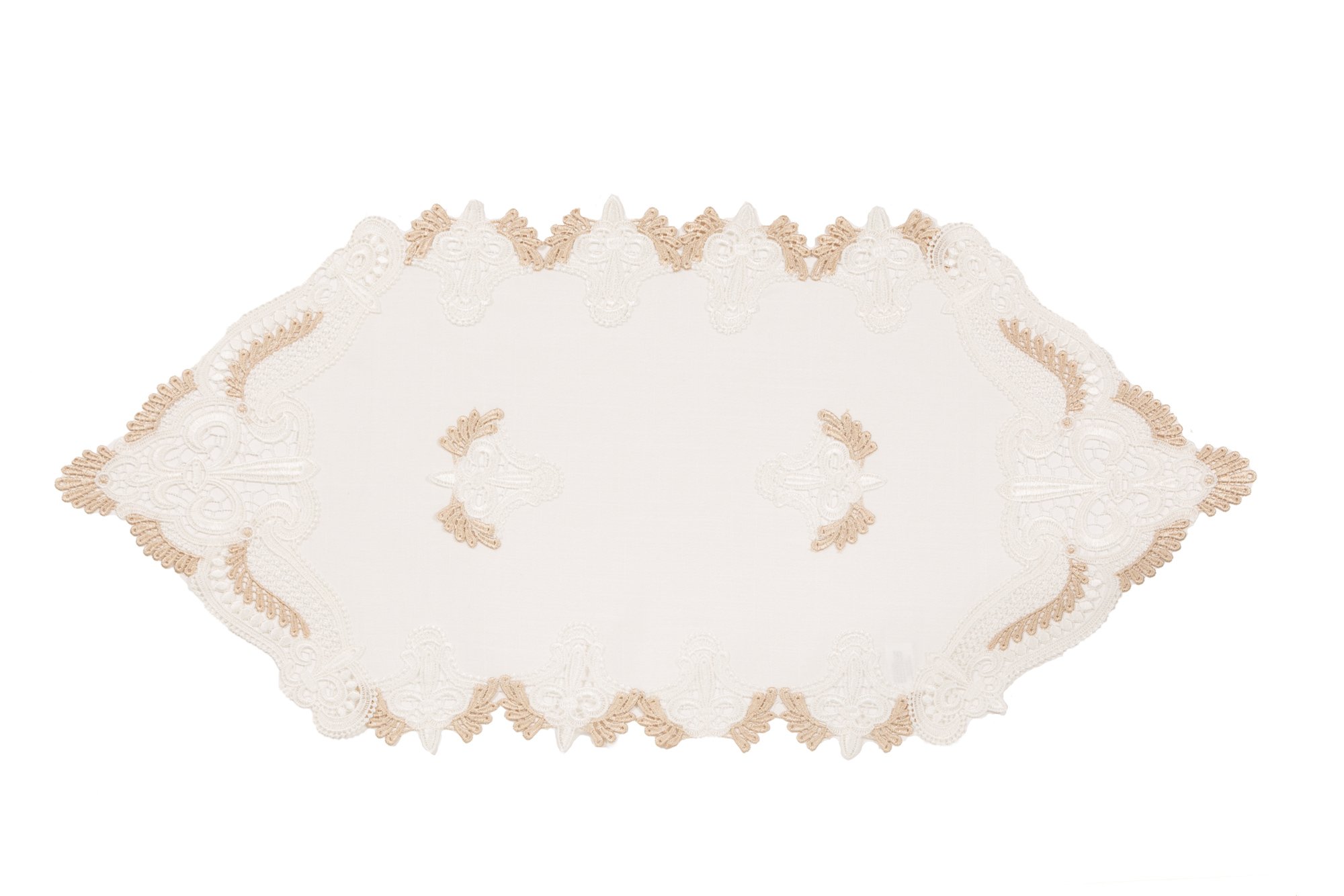 XD18214 Anais Elegant Lace Embroidered Cutwork Table Runner featuring intricate lace design and gold accents, perfect for elegant dining settings.