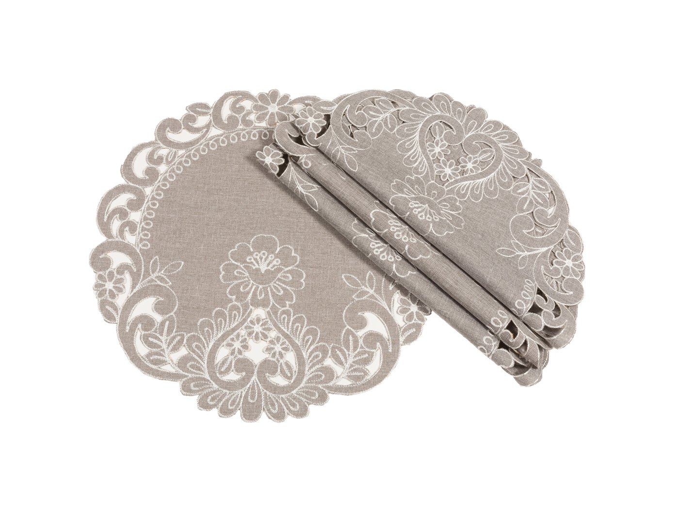 Set of 4 XD18349 Claire Floral Placemats featuring floral cutwork edges on a textured grey background with vibrant embroidery designs.