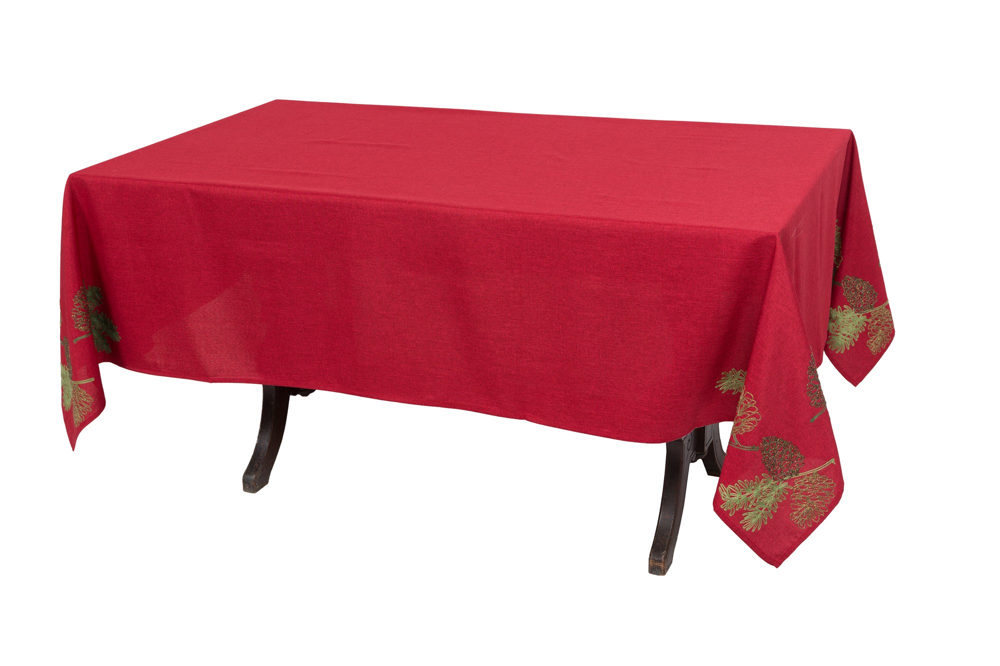 XD18901 Christmas Pine Tree Branches Tablecloth featuring intricate Pine Tree embroidery on a vibrant red background, perfect for holiday dining.