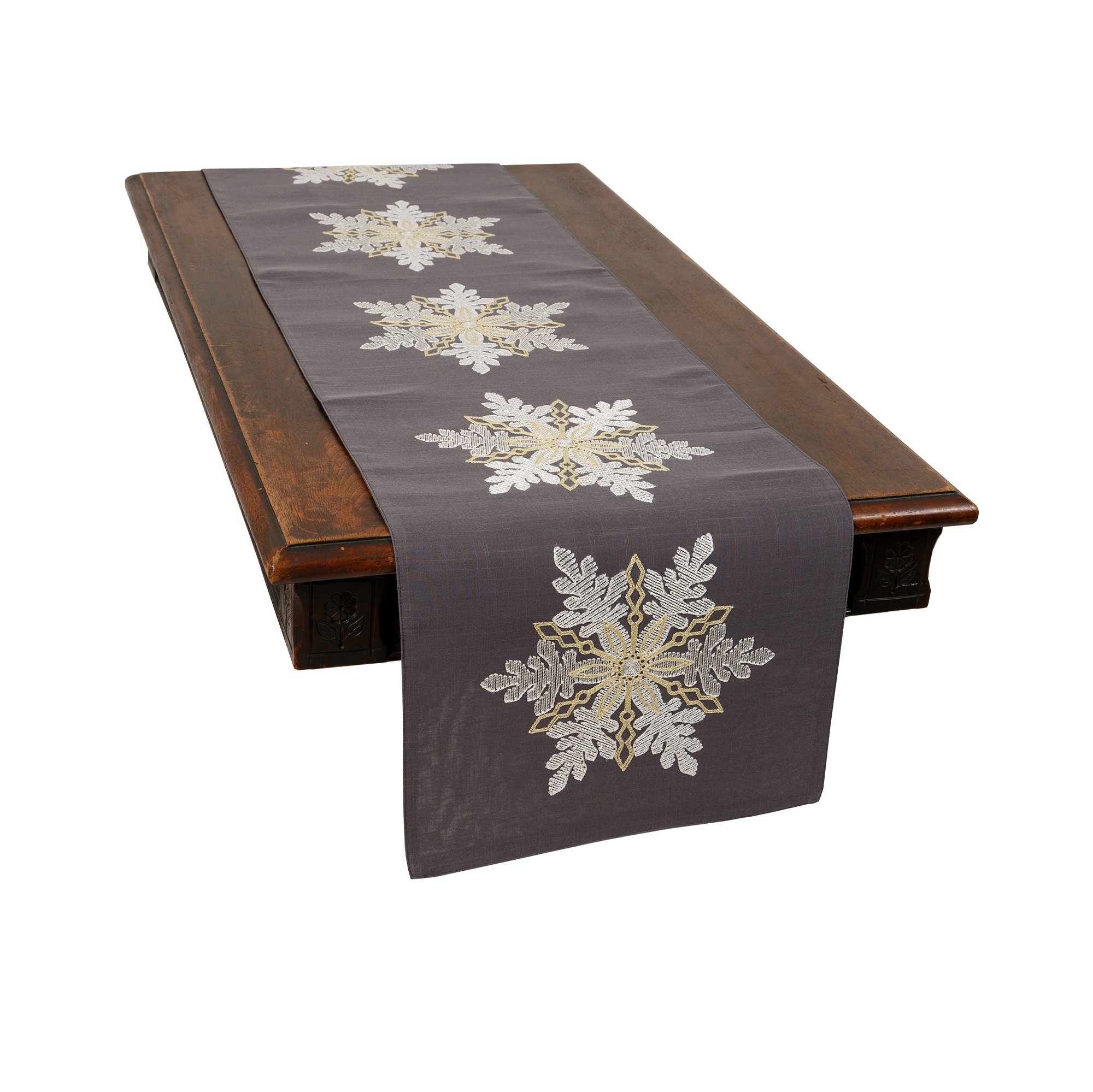 XD18903 Sparkling Snowflakes Table Runner featuring vivid snowflake embroidery on thick gray fabric, perfect for holiday dining.