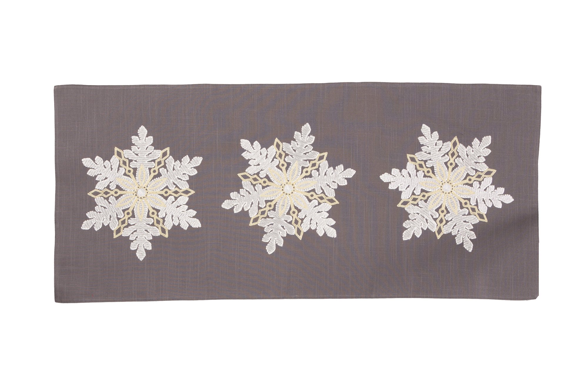 XD18903 Sparkling Snowflakes Table Runner featuring vivid snowflake embroidery on thick gray fabric, perfect for holiday dining.