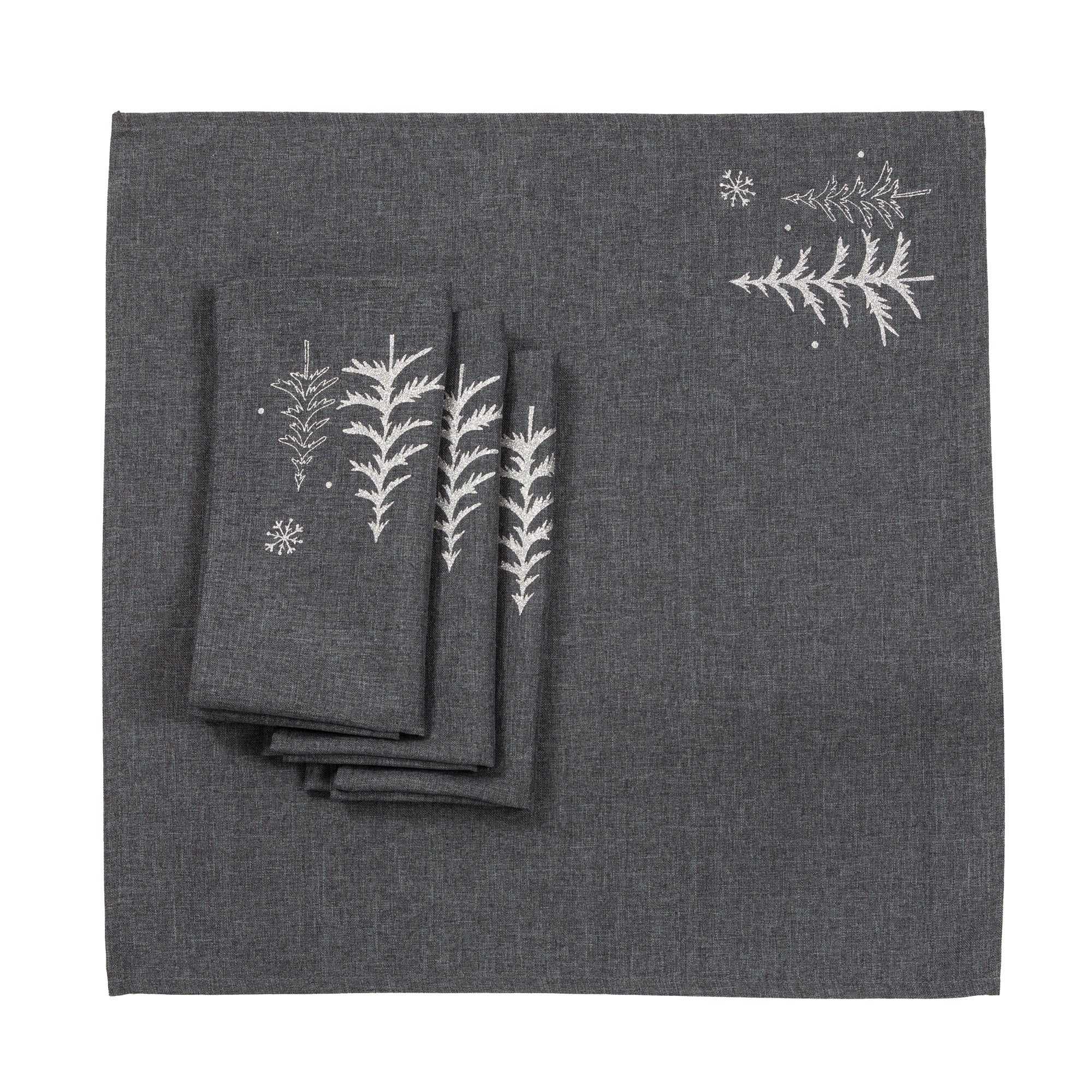 Set of four 20x20 inch napkins featuring shimmering deer in a winter forest design on Christmas red and gray fabric.