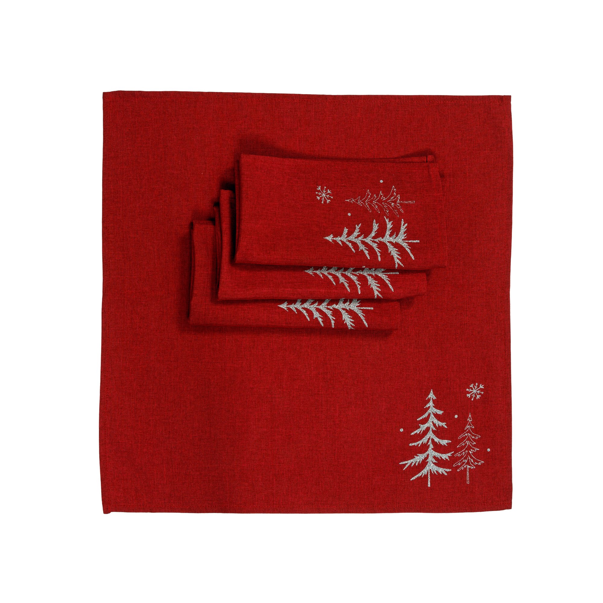 Set of four 20x20 inch napkins featuring shimmering deer in a winter forest design on Christmas red and gray fabric.