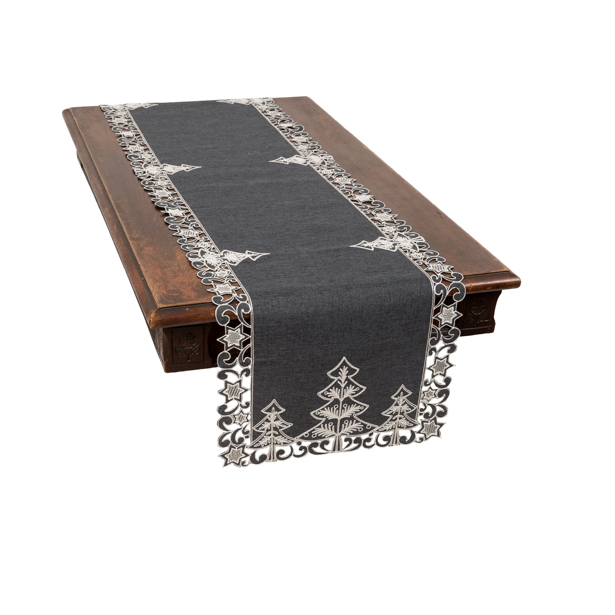 XD18906 Christmas Tree Table Runner featuring hand rendered cutwork and embroidered Christmas trees on gray fabric, perfect for holiday decor.