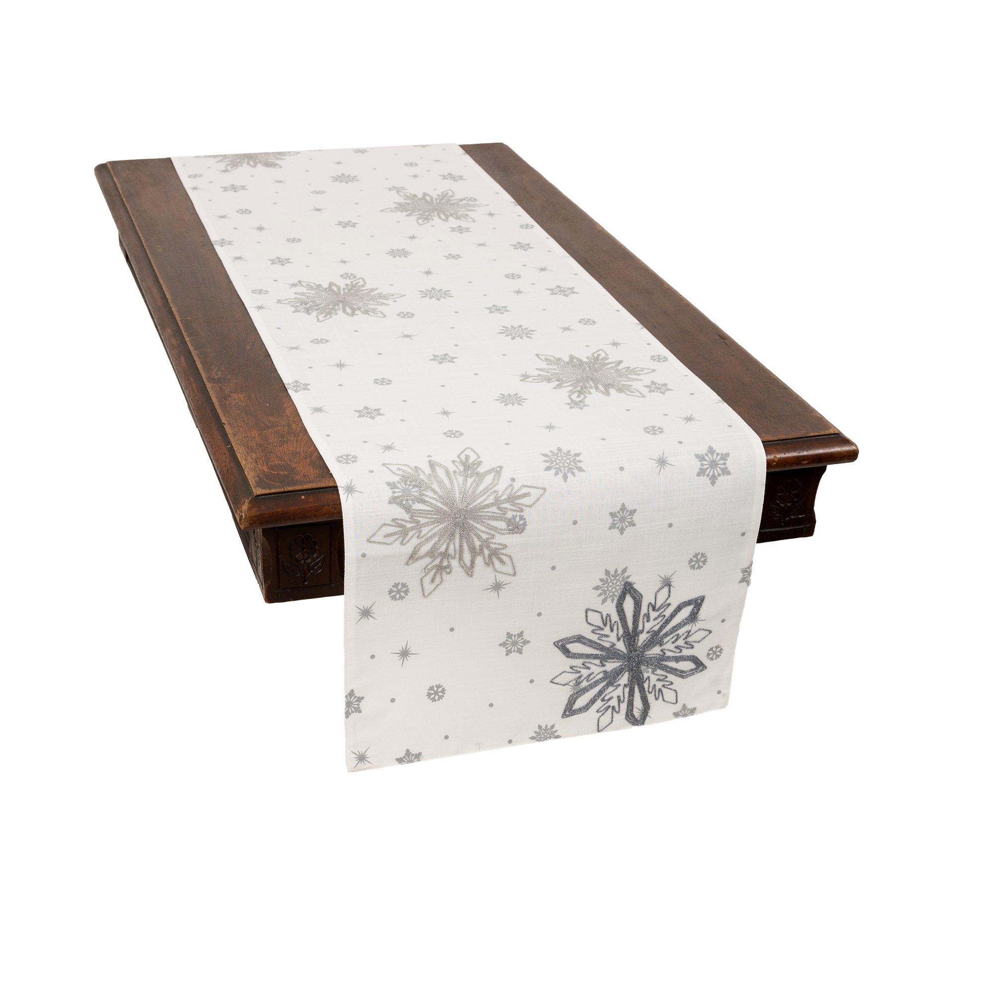 Elegant XD18907 Crystal Snowflakes Table Runner on a dining table, featuring intricate snowflake embroidery on winter white fabric.