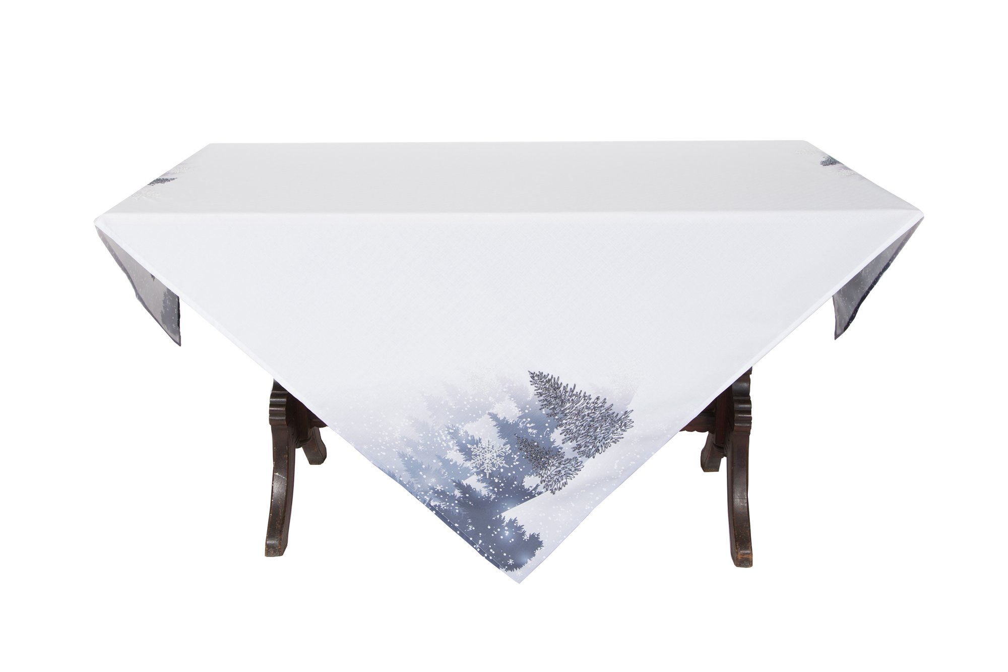 XD18910 Winter Wonderland Tablecloth featuring a winter scene with snowflakes and an embroidered Christmas tree on a white-gray background.