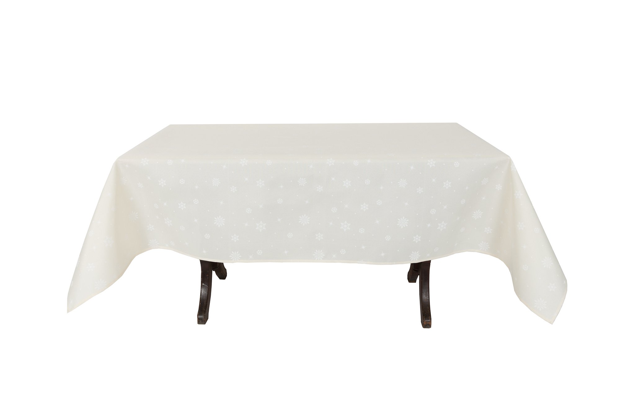 XD18950 Starry Snowflakes Tablecloth featuring small snowflakes on a warm ivory background, perfect for holiday dining.