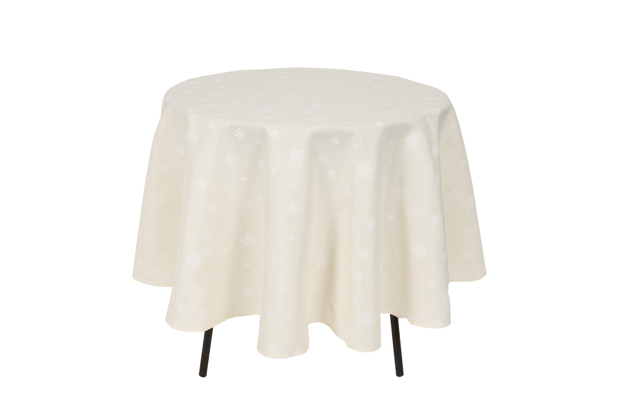 XD18950 Starry Snowflakes Tablecloth featuring small snowflakes on a warm ivory background, perfect for holiday dining.