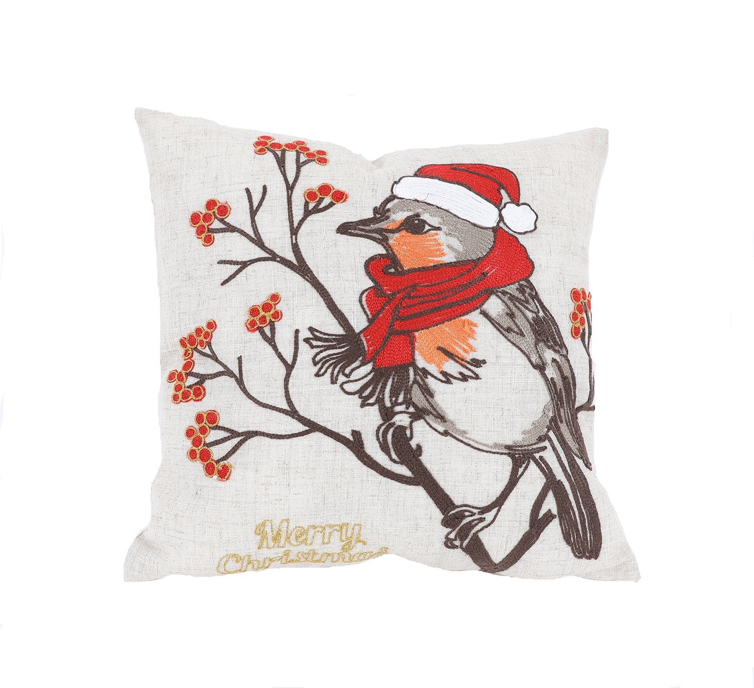 14x14 inch Merry Christmas Bird Crewel Embroidered Pillow featuring festive animals and cheerful embroidery.