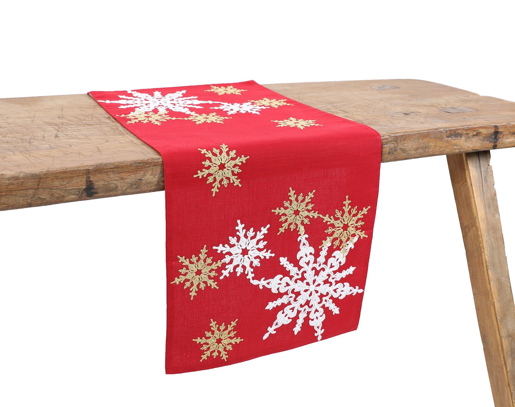 XD19802 Magical Snowflakes Crewel Embroidered Christmas Table Runner featuring colorful snowflakes on a red background.