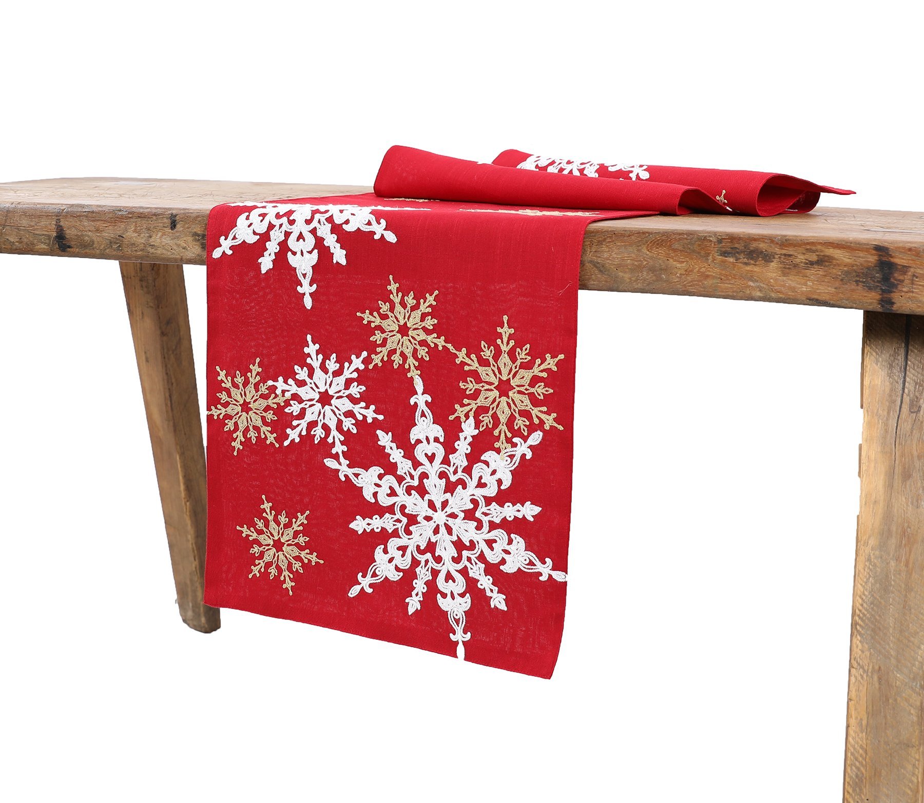 XD19802 Magical Snowflakes Crewel Embroidered Christmas Table Runner featuring colorful snowflakes on a red background.