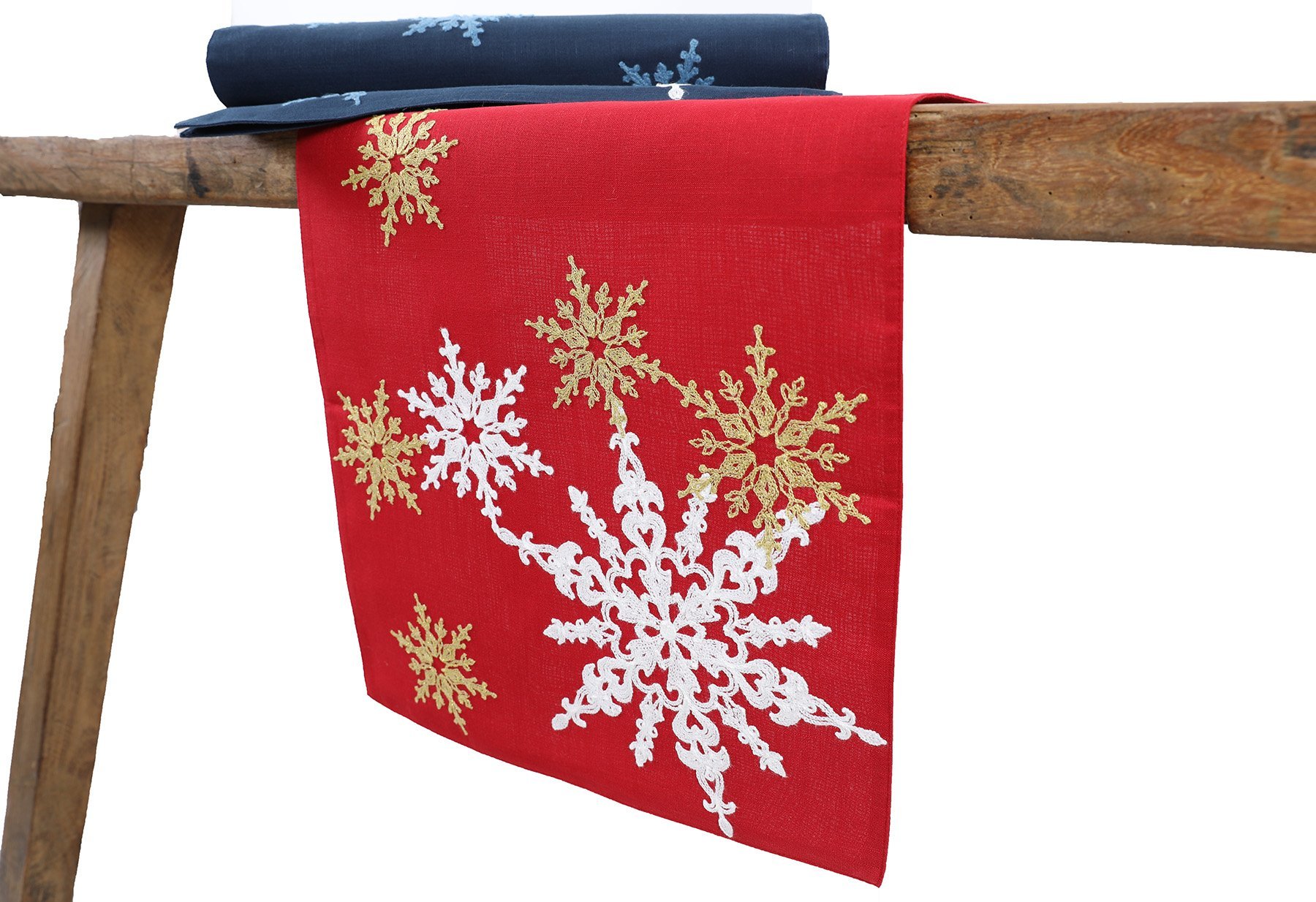 XD19802 Magical Snowflakes Crewel Embroidered Christmas Table Runner featuring colorful snowflakes on a red background.