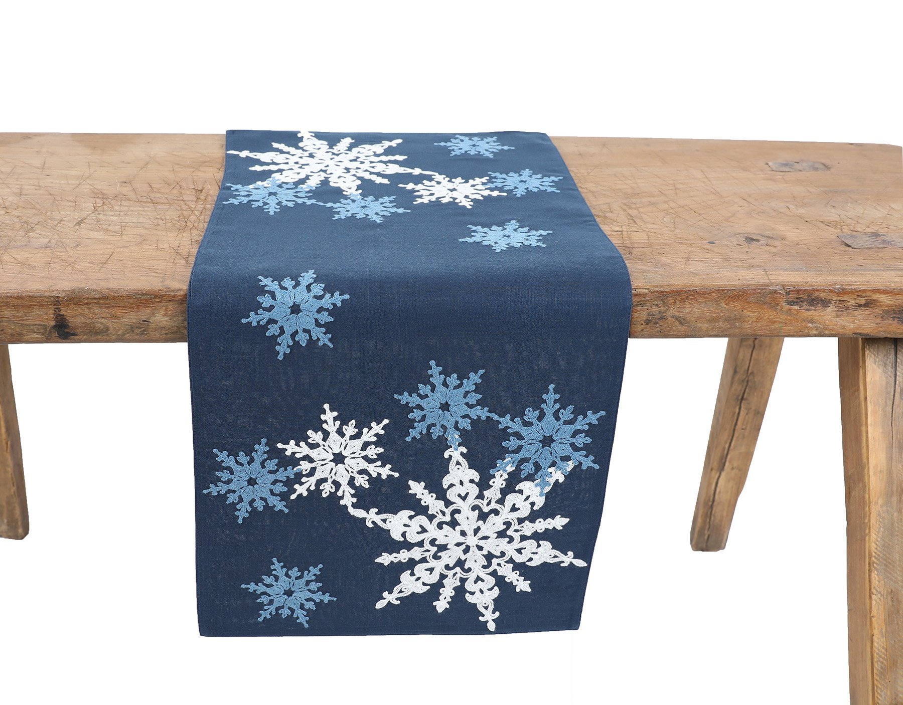 XD19802 Magical Snowflakes Crewel Embroidered Christmas Table Runner featuring colorful snowflakes on a red background.