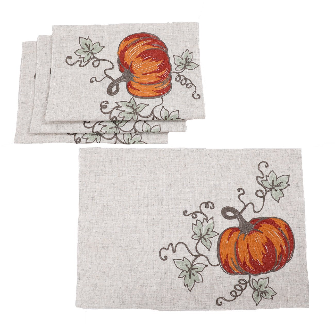 Rustic pumpkin crewel embroidered placemats featuring intricate pumpkin and vine designs, perfect for fall dining.