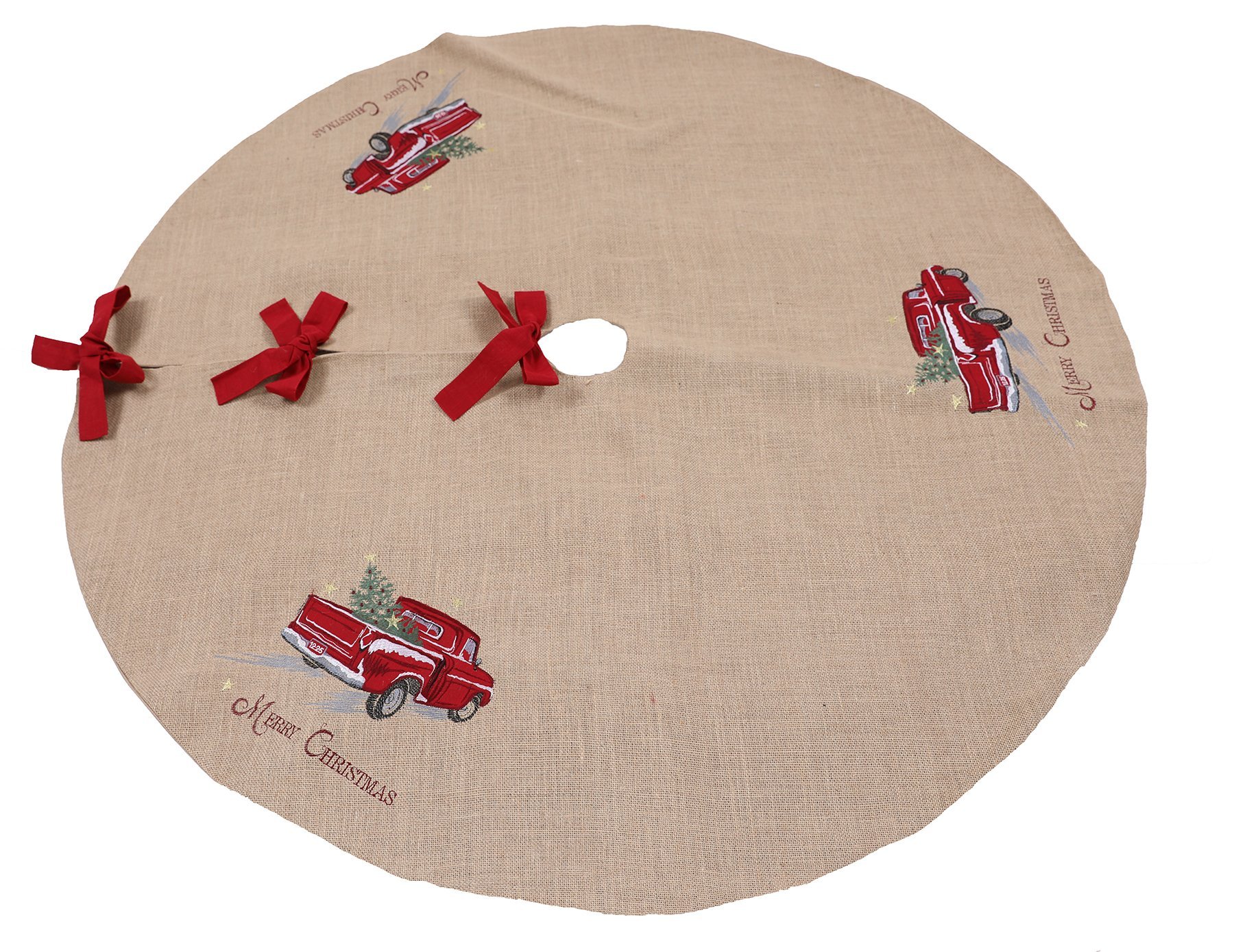 56-inch round Merry Christmas Truck Embroidered Tree Skirt featuring a red pick-up truck with a Christmas tree and gold stars.