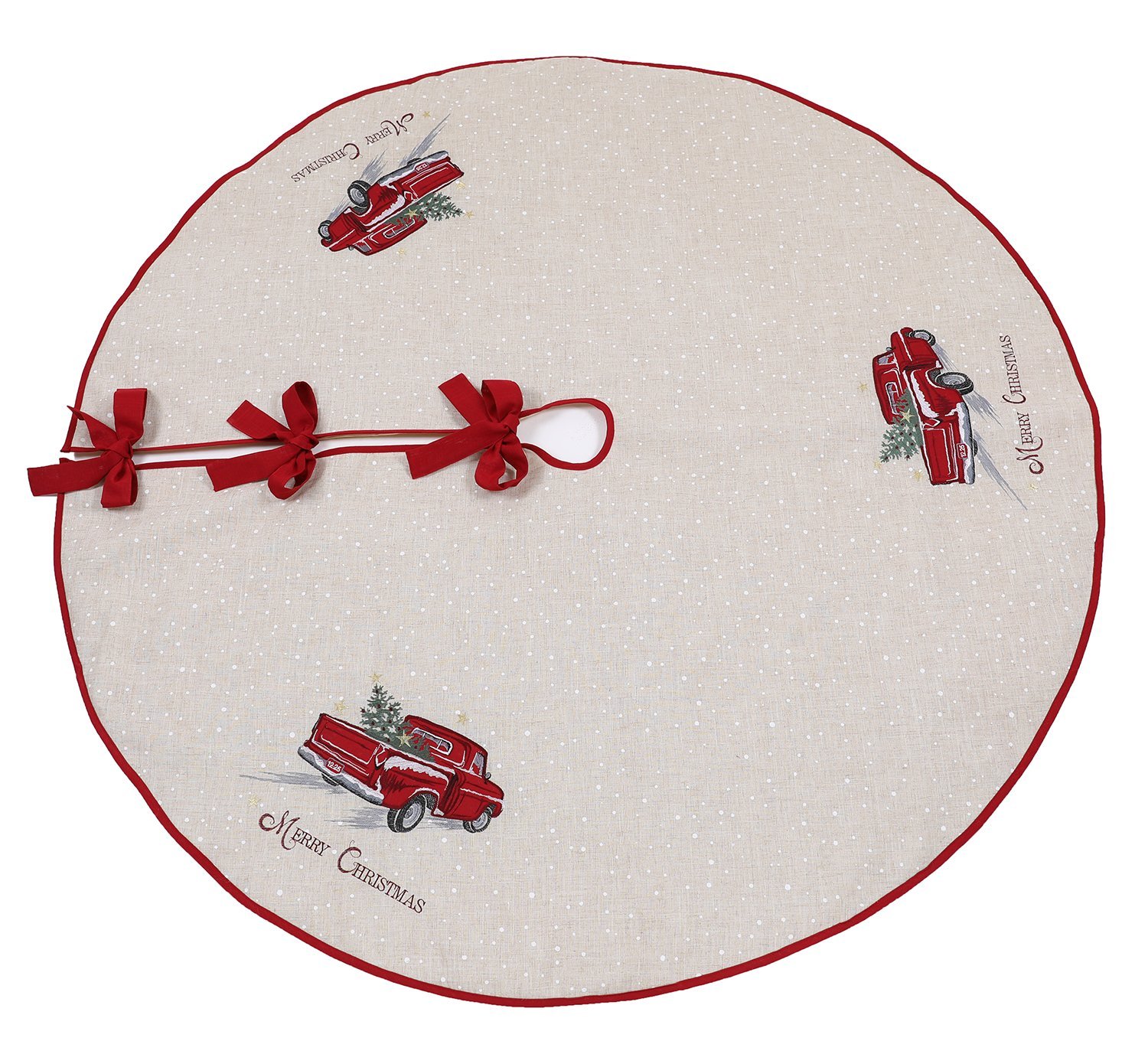 56-inch round Merry Christmas Truck Embroidered Tree Skirt featuring a red pick-up truck with a Christmas tree and gold stars.