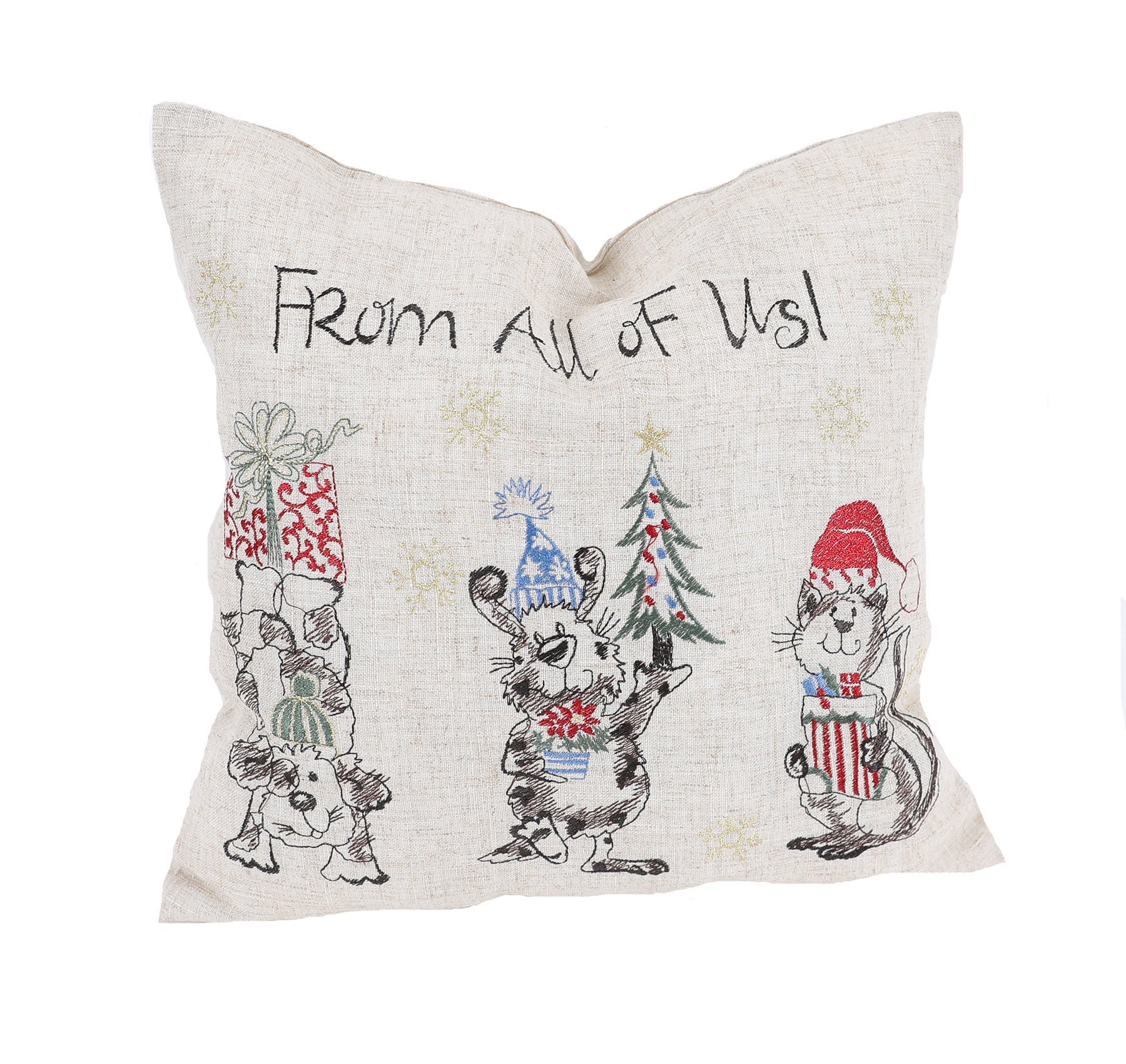 14 by 14-inch embroidered pillow featuring cheerful cats and dogs with holiday gifts and a Christmas tree, perfect for festive decor.