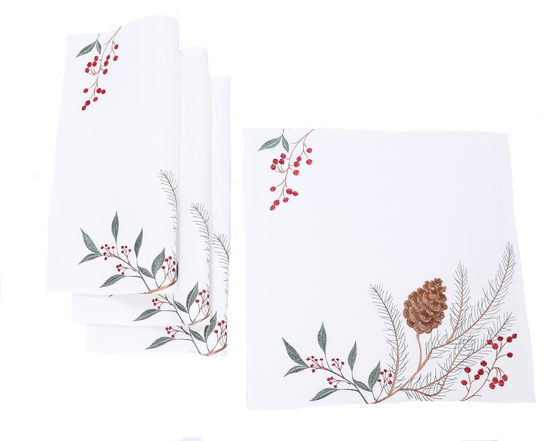 Elegant Christmas placemats featuring embroidered pinecones and holly berries on white fabric, perfect for holiday dining.