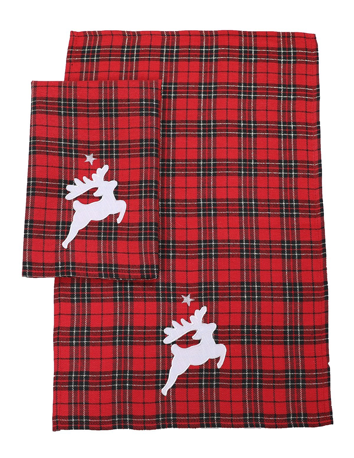 XD19881 Applique Tartan Santa Sleigh with reindeers, featuring classic plaid design on a snow dot printed linen blend fabric.