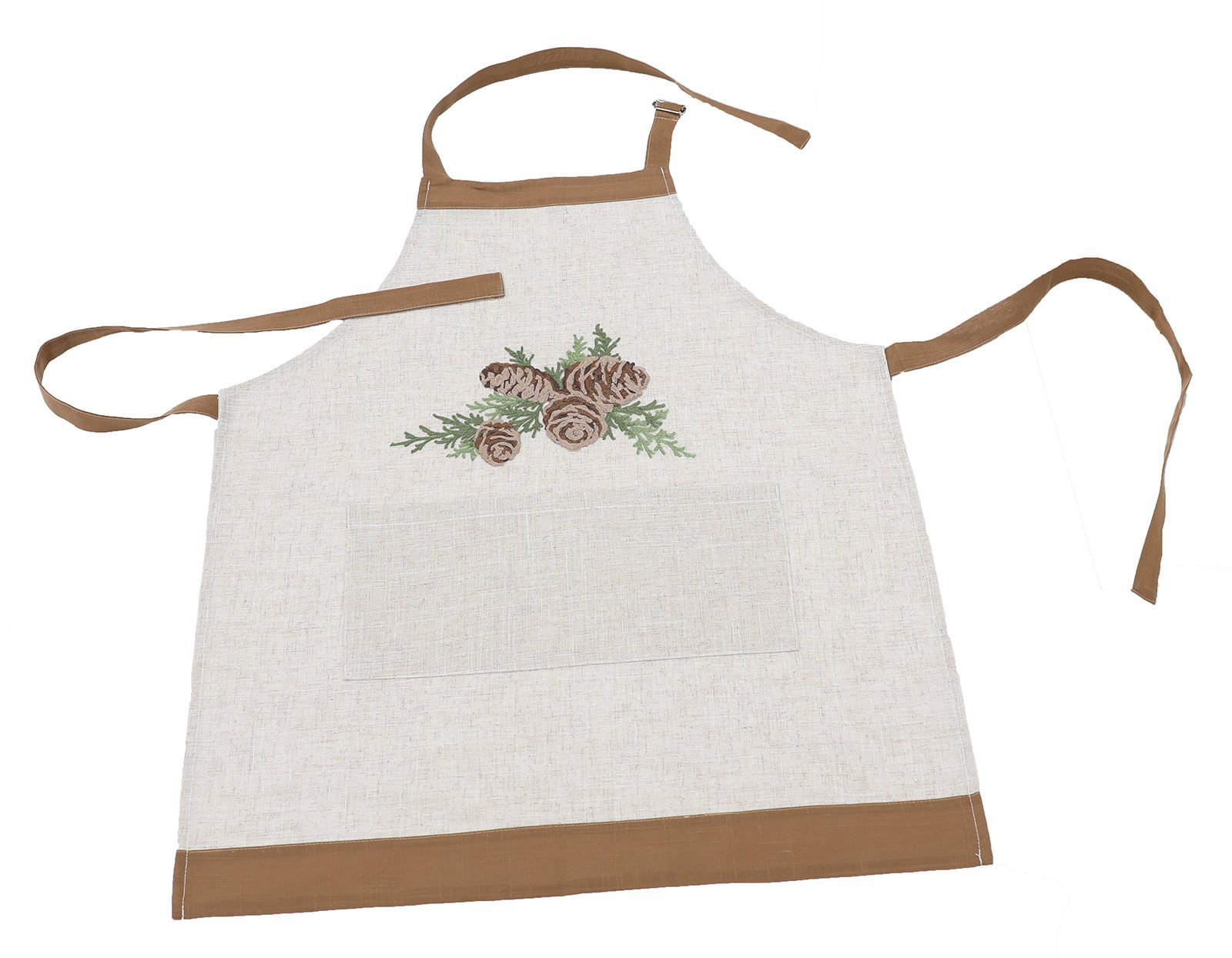 Winter Pine Cones & Branches Crewel Embroidered Apron featuring intricate embroidery on natural linen blend fabric, perfect for holiday cooking.