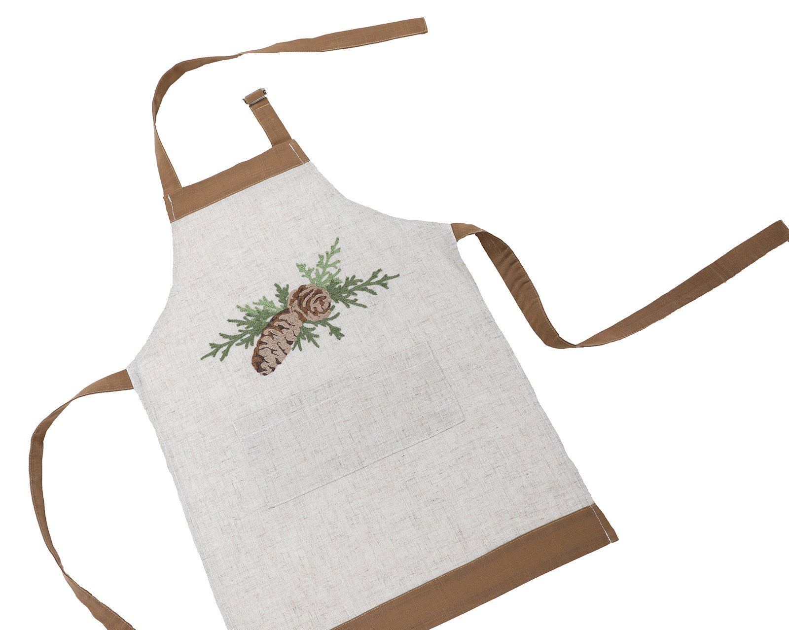 Winter Pine Cones & Branches Crewel Embroidered Apron featuring intricate embroidery on natural linen blend fabric, perfect for holiday cooking.