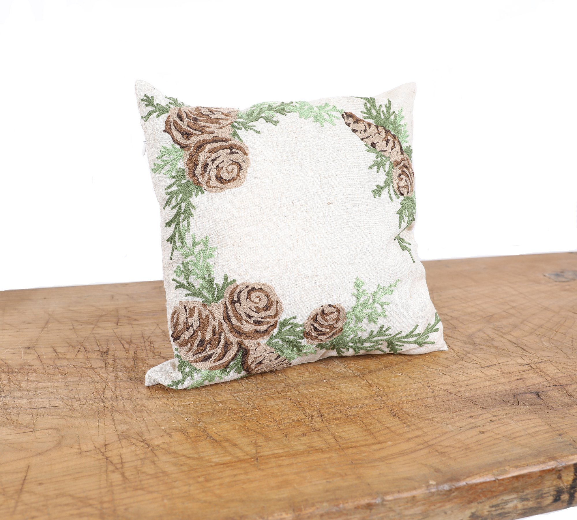 XD19882 Winter Pine Cones & Branches Crewel Embroidered Pillow featuring intricate embroidery on natural linen fabric.