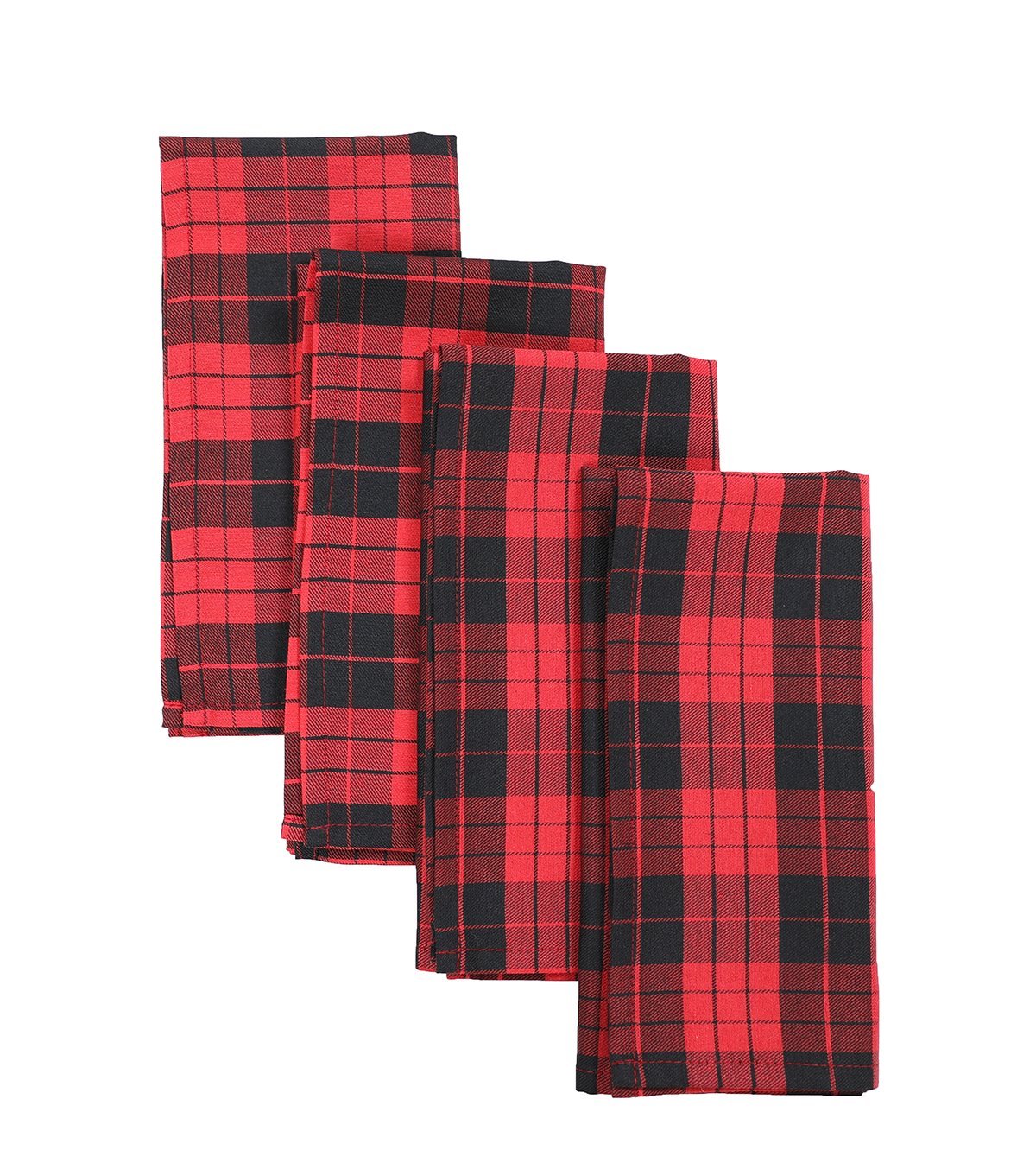 Set of four 20 by 20-inch holiday plaid napkins in red and black, perfect for festive dining occasions.