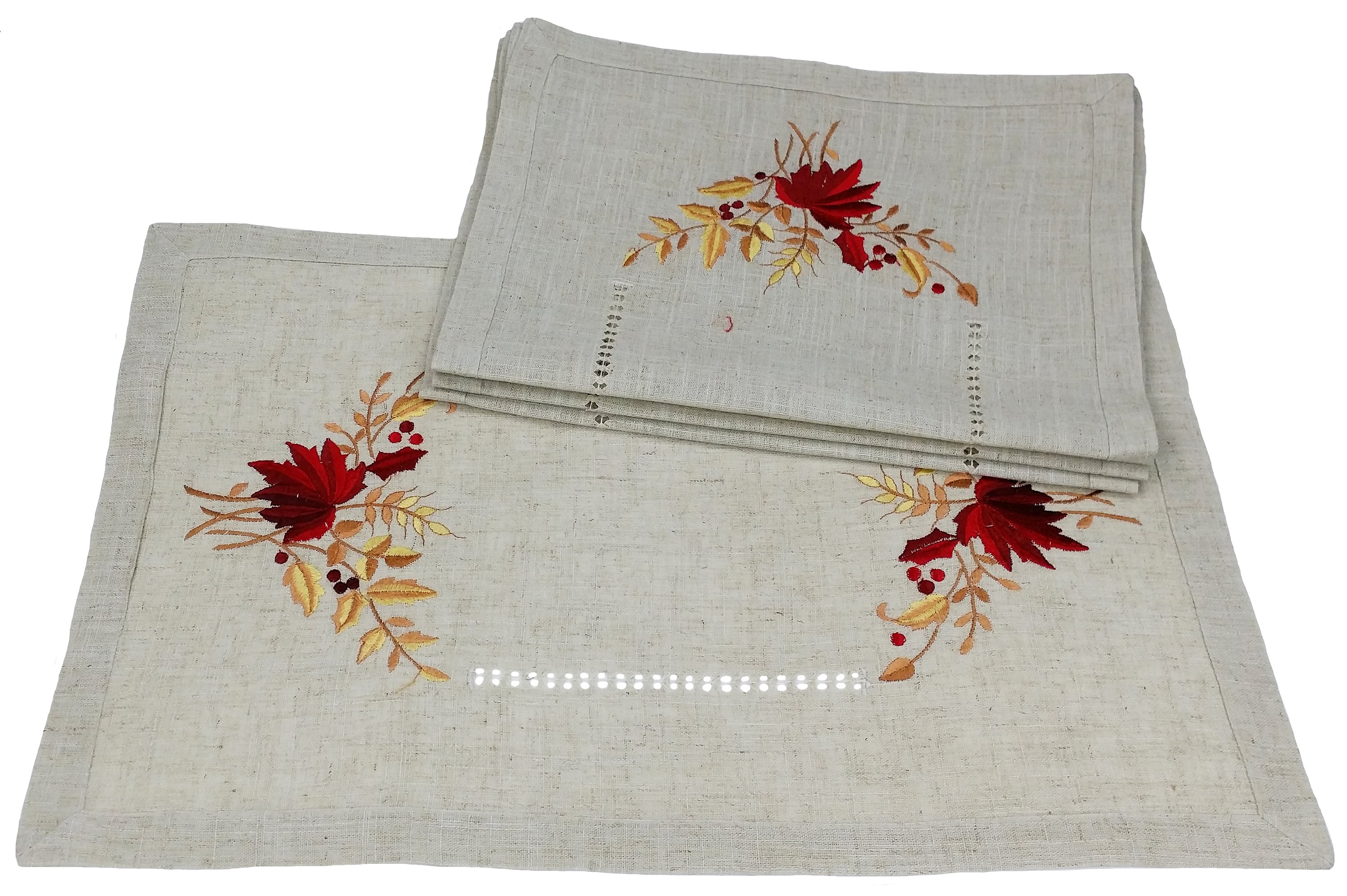 Set of 4 XD45115 Harvest Placemats featuring intricate burgundy and gold autumn leaf embroidery on a natural linen background.