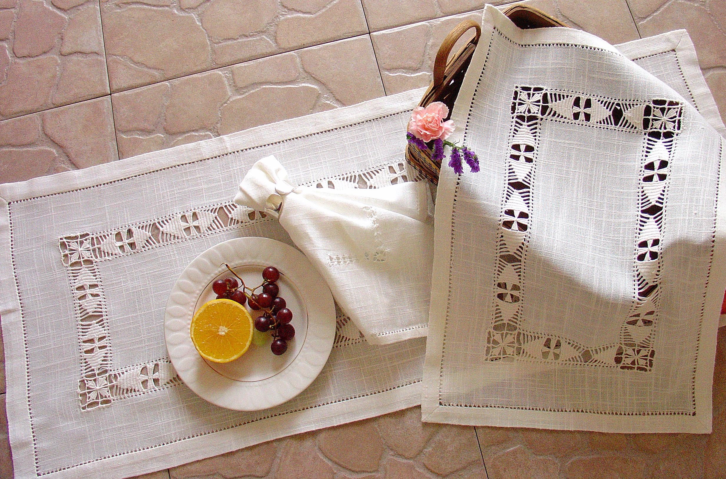 Elegant XD45119 Hemstitch Collection table linen featuring intricate crochet patterns, made from 100% premium linen.