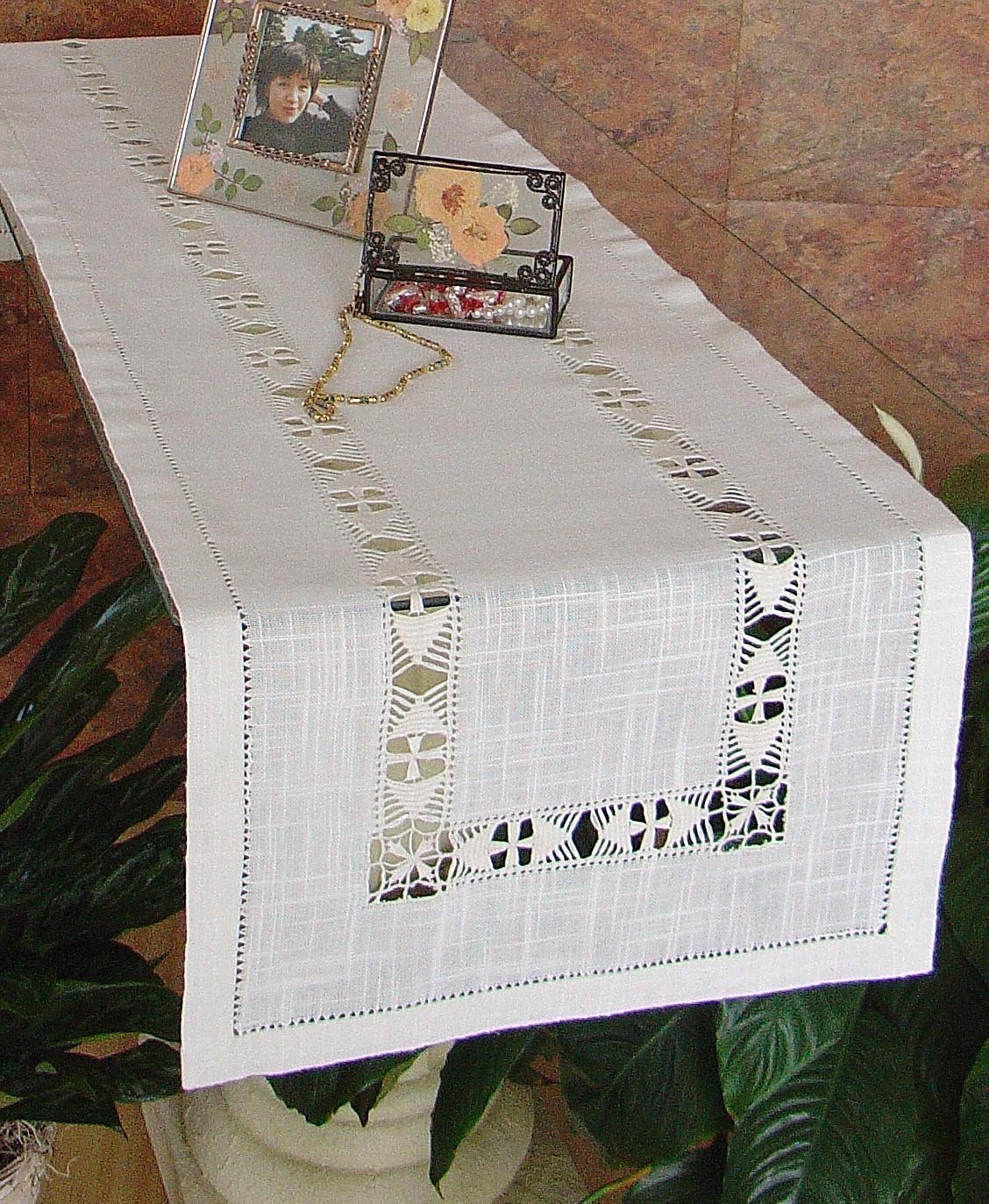 Elegant XD45119 Hemstitch Collection table linen featuring intricate crochet patterns, made from 100% premium linen.