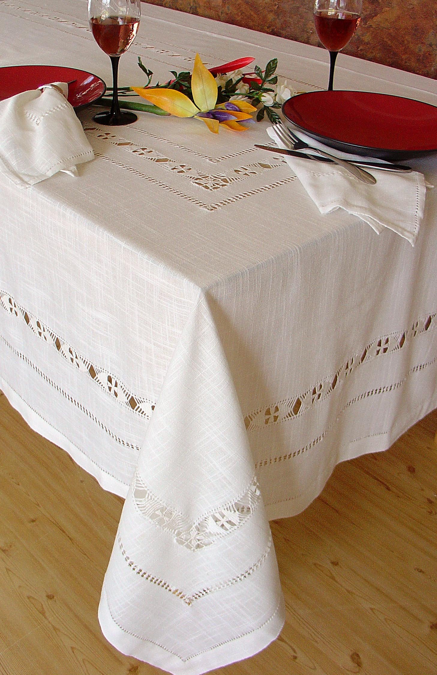 Elegant XD45119 Hemstitch Collection table linen featuring intricate crochet patterns, made from 100% premium linen.