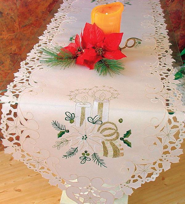 XD46144 Christmas Candle Collection table runner featuring exquisite embroidery and golden lycra accents, perfect for festive table settings.