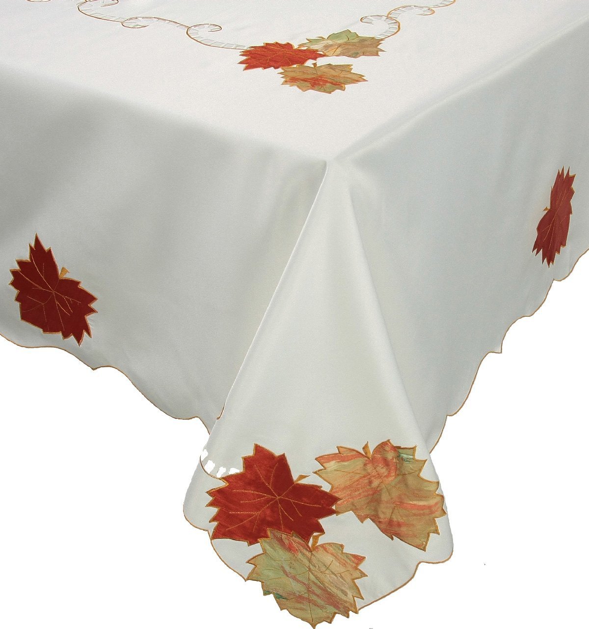 XD46211 Scrolling Leaf Tablecloth featuring intricate autumn leaf embroidery on a poliviscose background, perfect for holiday gatherings.