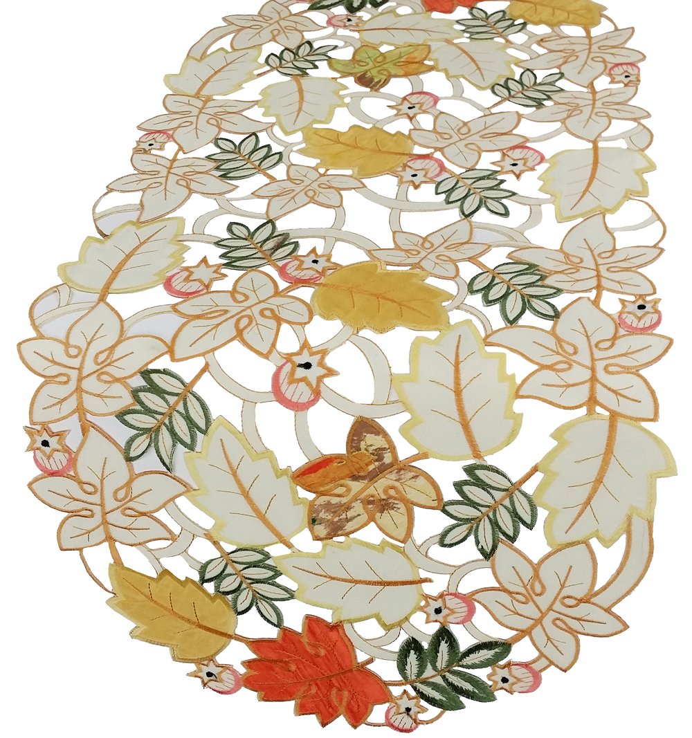 XD54050 Harvest Splendor Table Runner featuring intricate autumn leaf embroidery and cutwork design, perfect for fall decor.