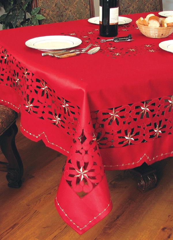 XD56509 Holiday Star Collection featuring rich red color, gold stars, and intricate embroidery, perfect for Christmas gatherings.