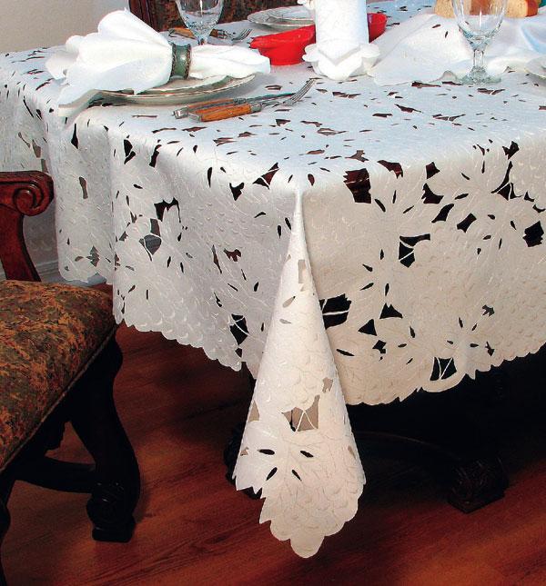 XD56864 Napa Collection table linens featuring elegant flower embroidery and hand-rendered cutwork, perfect for spring and summer dining.